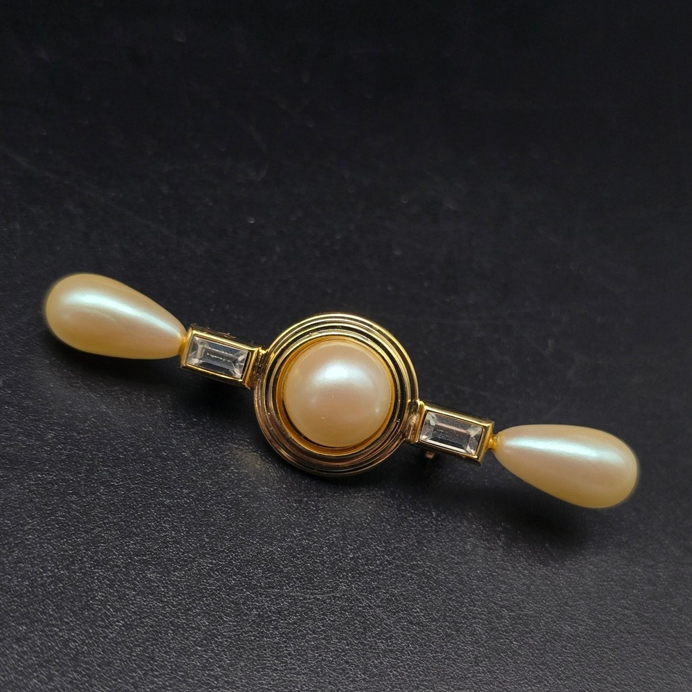 Faux Pearl Rhinestone Bar Brooch Gold Tone Vintage Costume Jewelry